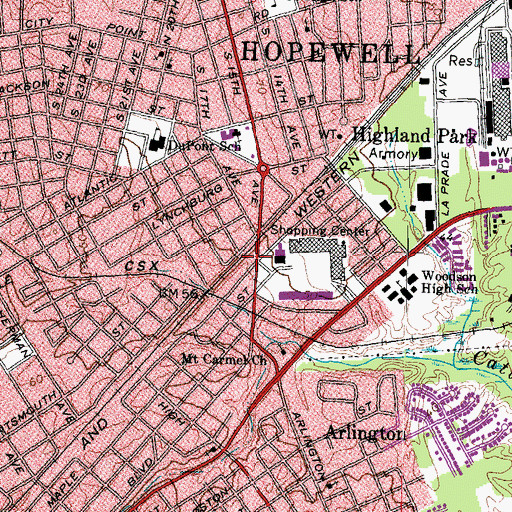 Topographic Map of City of Hopewell, VA