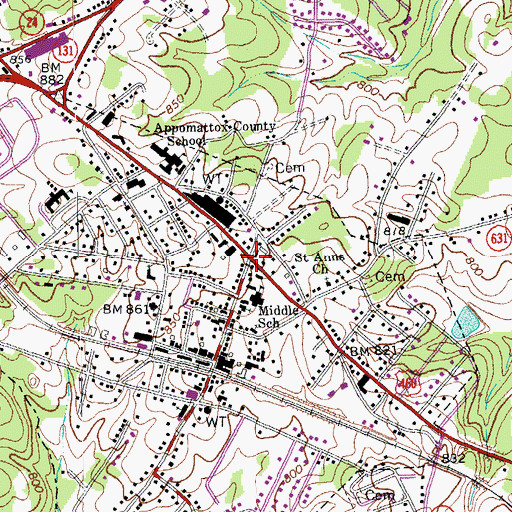 Topographic Map of Appomattox, VA