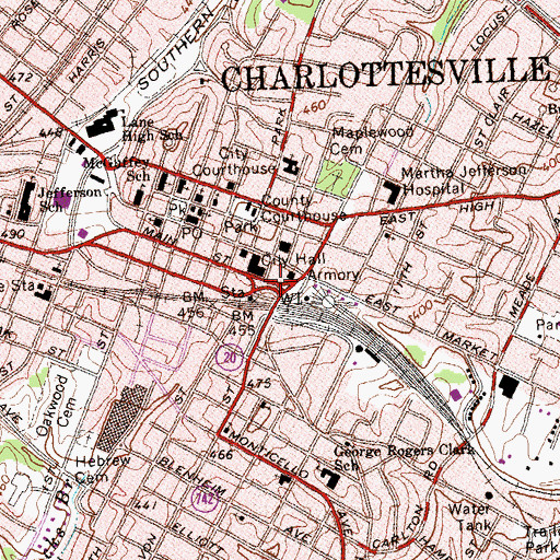 Topographic Map of Charlottesville, VA