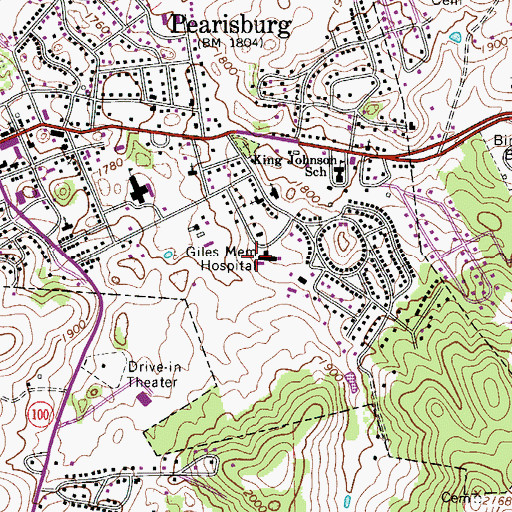 Topographic Map of Giles Memorial Hospital Heliport, VA