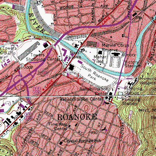 Topographic Map of Roanoke Memorial Hospital Heliport, VA