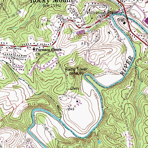 Topographic Map of WNLB-AM (Rocky Mount), VA