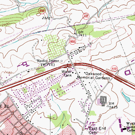 Topographic Map of WYVE-AM (Wytheville), VA