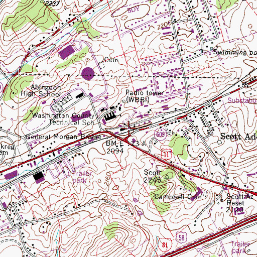 Topographic Map of WABN-FM (Abingdon), VA