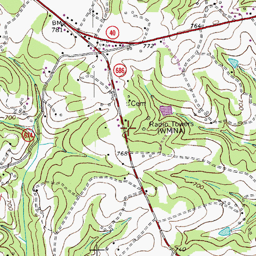 Topographic Map of WMNA-FM (Gretna), VA