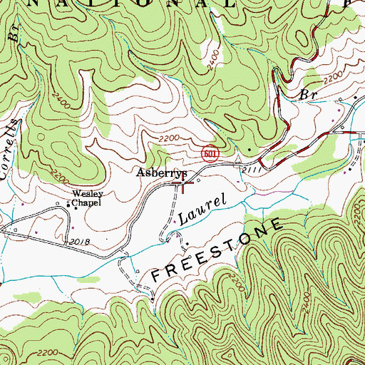 Topographic Map of Asberrys, VA