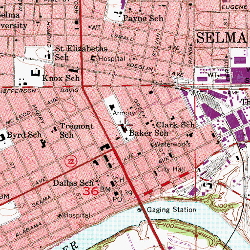 Topographic Map of Baker School, AL
