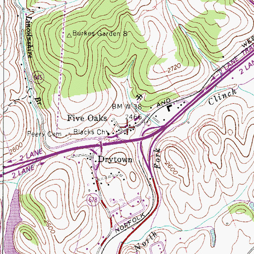 Topographic Map of Five Oaks, VA