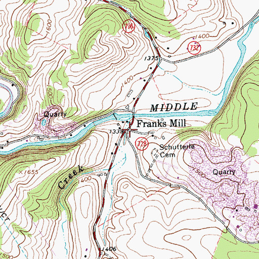 Topographic Map of Franks Mill, VA