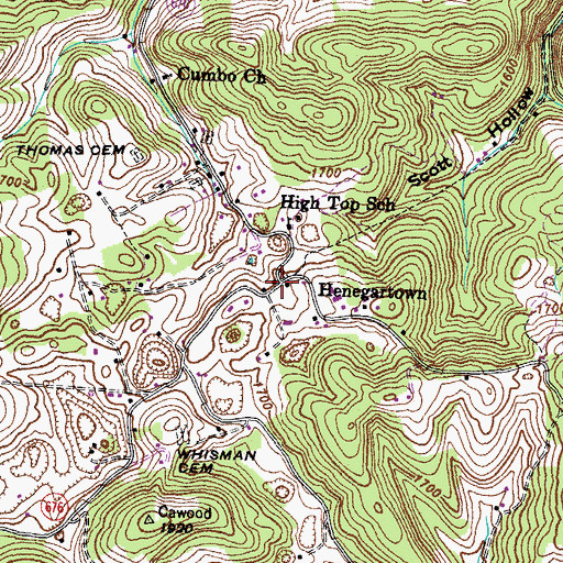 Topographic Map of Henegartown, VA
