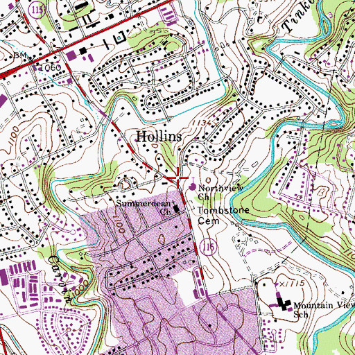 Topographic Map of Hollins, VA
