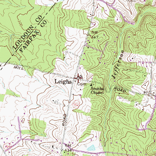 Topographic Map of Leighs, VA