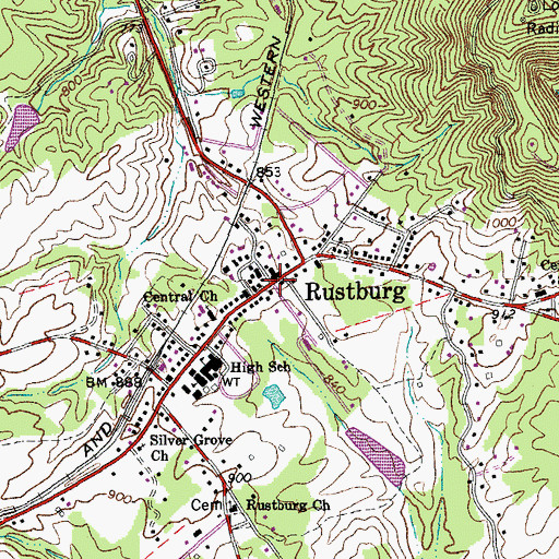 Topographic Map of Rustburg, VA