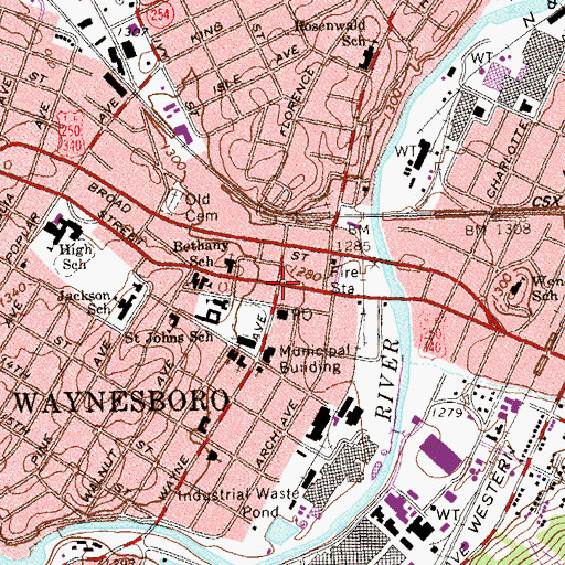 Topographic Map of Waynesboro, VA