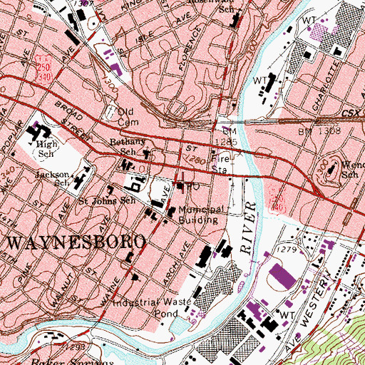 Topographic Map of Waynesboro Post Office, VA