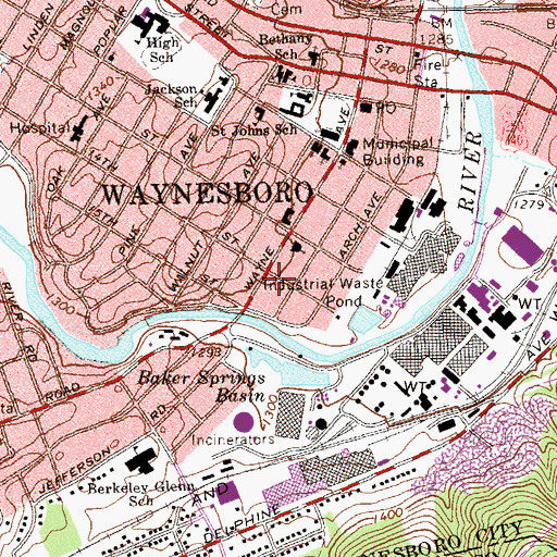 Topographic Map of Waynesboro Public Library, VA