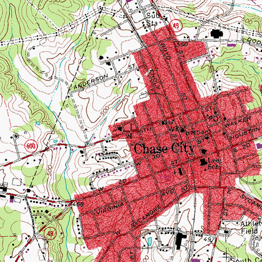 Topographic Map of Chase City Graded School (historical), VA