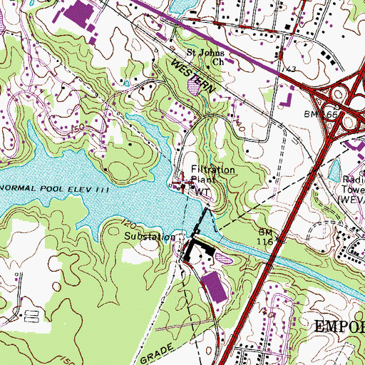 Topographic Map of Emporia Waterworks, VA