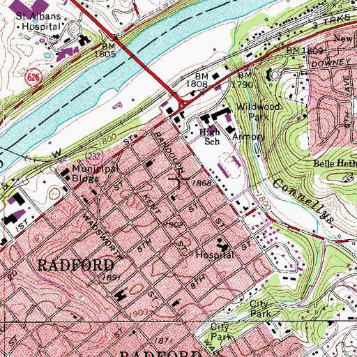 Topographic Map of Presbyterian Church of Radford, VA