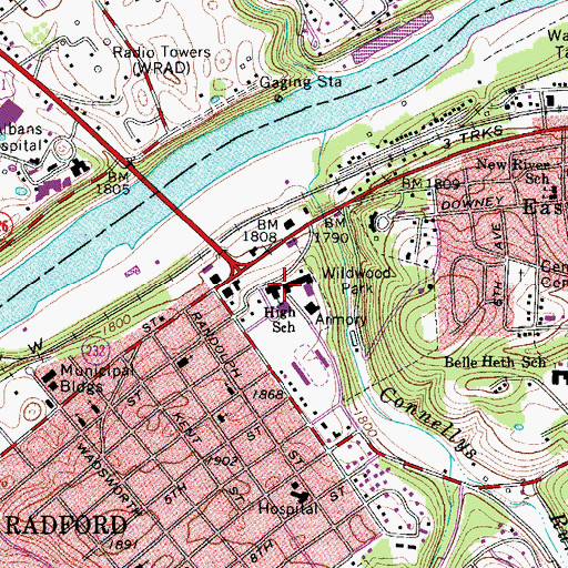 Topographic Map of Radford High School, VA