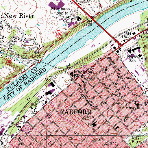 Topographic Map of Radford Municipal Building, VA