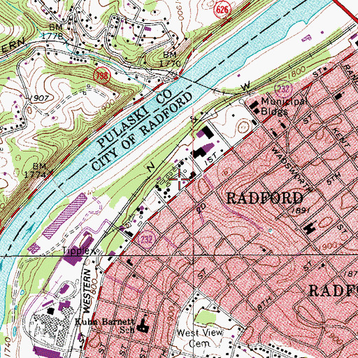 Topographic Map of Radford Post Office, VA