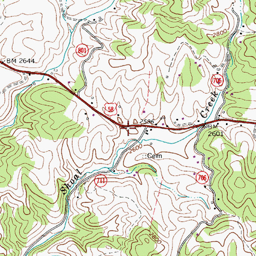 Topographic Map of Shoal Creek School (historical), VA