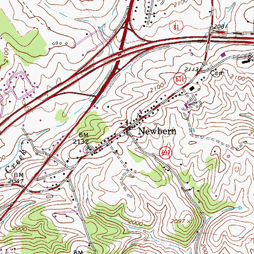 Topographic Map of Newbern Historic District, VA