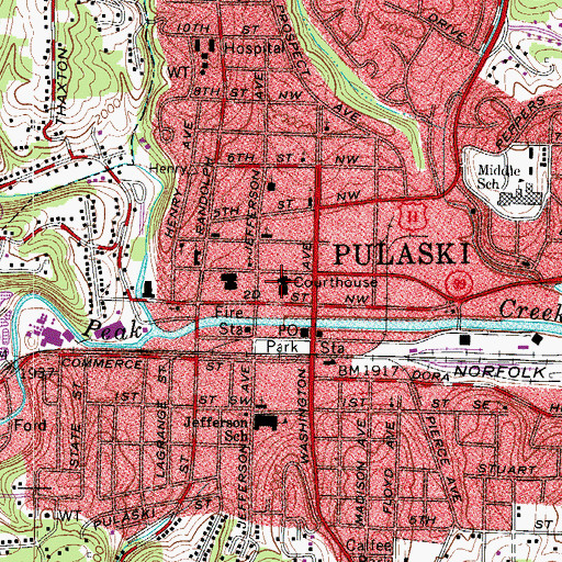Topographic Map of Pulaski County Courthouse, VA