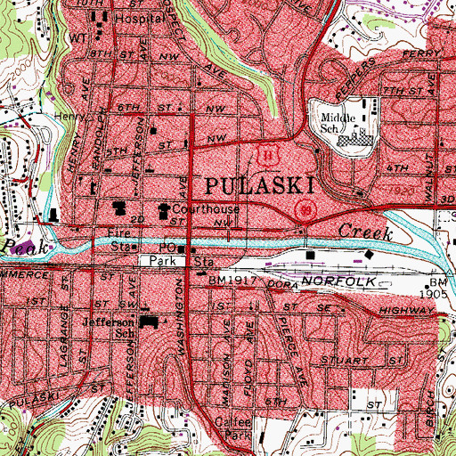 Topographic Map of Pulaski County Jail, VA