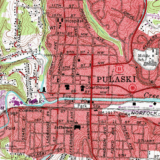 Topographic Map of Pulaski County Library, VA
