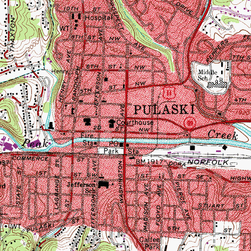 Topographic Map of Pulaski Historic Commercial District, VA