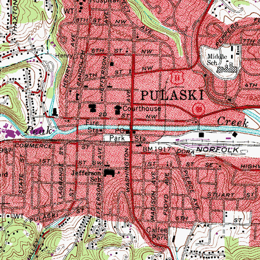 Topographic Map of Pulaski Post Office, VA