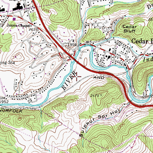 Topographic Map of WYRV-AM (Cedar Bluff), VA