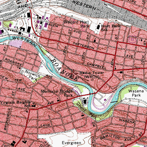 Topographic Map of WROV-AM (Roanoke), VA