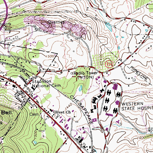 Topographic Map of WTON-AM (Staunton), VA