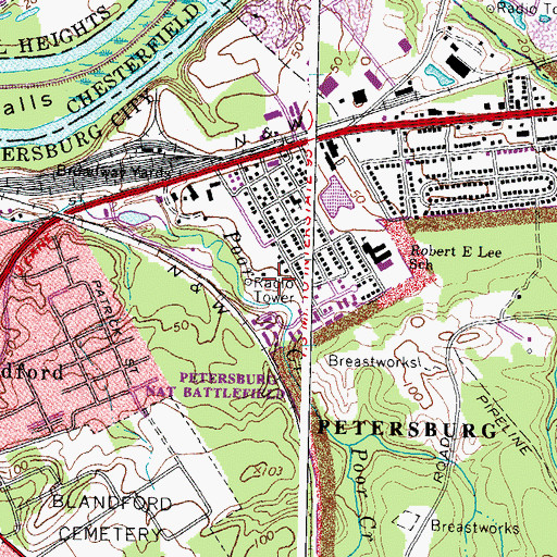 Topographic Map of WPLZ-FM (Petersburg), VA