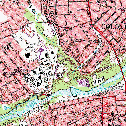 Topographic Map of WVST-FM (Petersburg), VA