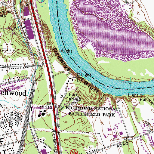 Topographic Map of Drewrys Bluff, VA
