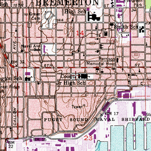 Topographic Map of Coontz Junior High School, WA