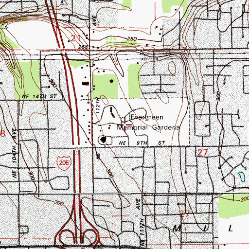 Topographic Map of Evergreen Memorial Gardens, WA