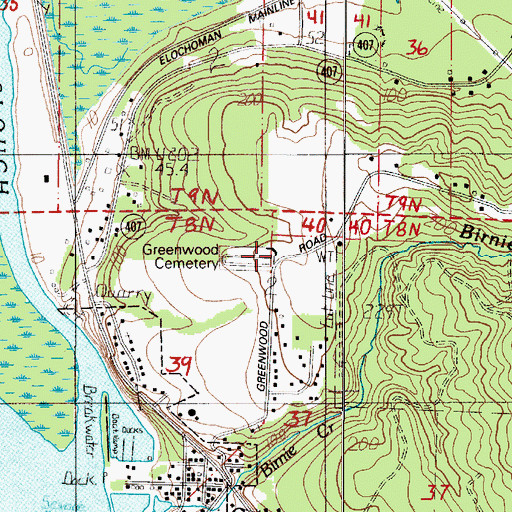 Topographic Map of Greenwood Cemetery, WA