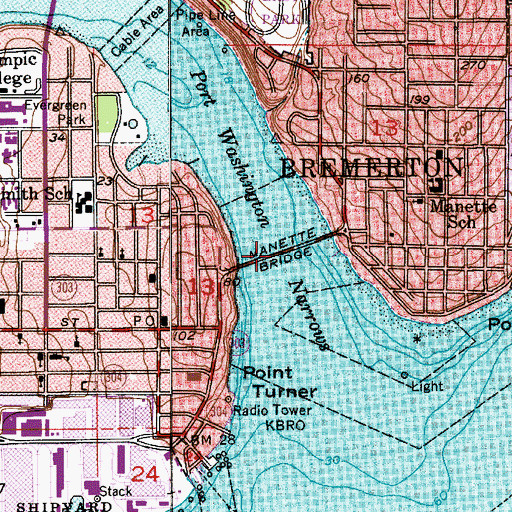 Topographic Map of Manette Bridge, WA