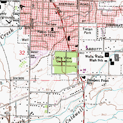 Topographic Map of Mountain View Cemetery, WA