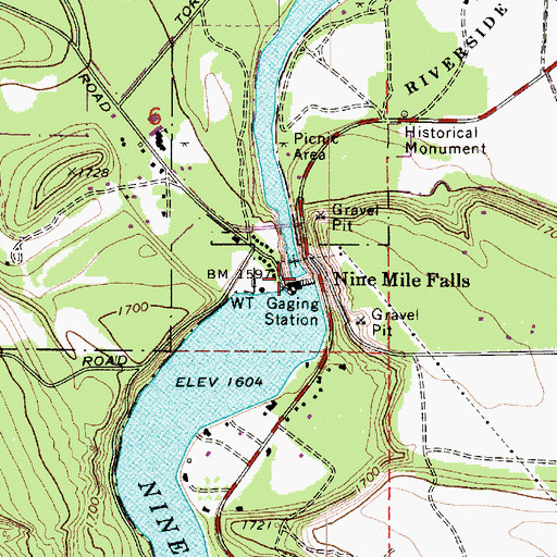 Topographic Map of Nine Mile Falls, WA