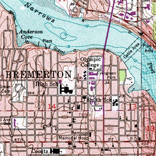 Topographic Map of Olympic College - Bremerton Campus, WA