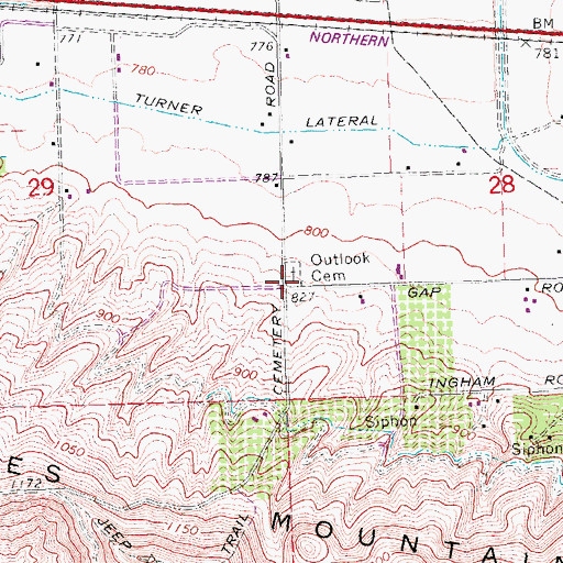 Topographic Map of Outlook Cemetery, WA