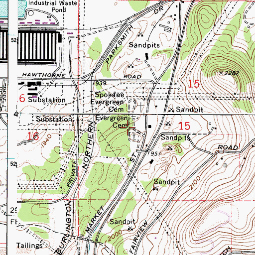 Topographic Map of Spokane Evergreen Cemetery, WA