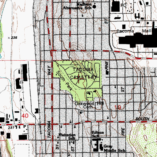 Topographic Map of Old Tacoma City Cemetery, WA