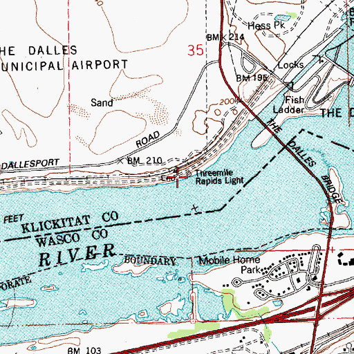 Topographic Map of Threemile Rapids Light, WA